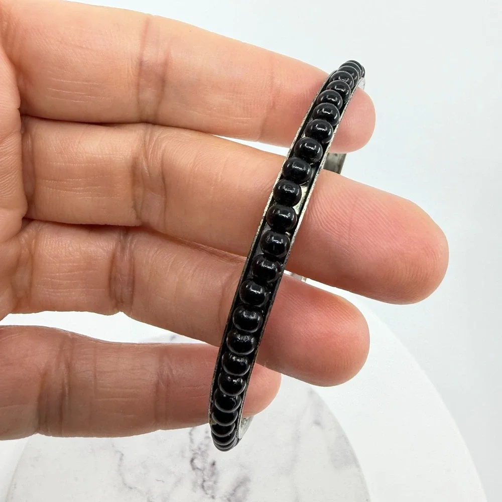 Y2K Black Bead Bangle Bracelet Slim Silver Tone Stackable Minimalist Jewelry